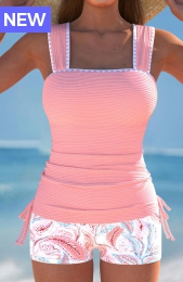 Drawstring Paisley Print Pink Tankini Set