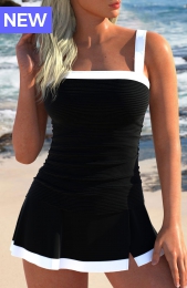 Contrast Binding Patchwork Black Tankini Set