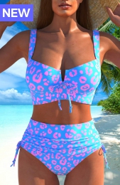 Bowknot Leopard Sky Blue Bikini Set