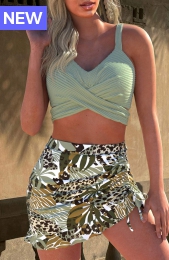 Criss Cross Tropical Plants Print Sage Green Bikini Set
