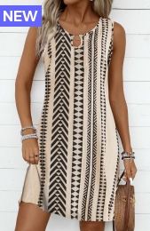 Light Camel Circular Ring Striped A Line Sleeveless Dress