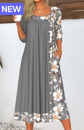 Dark Grey Patchwork Floral Print A Line Dress