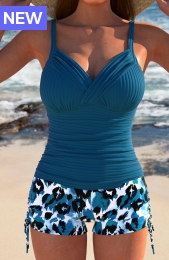 Ruched Leopard Peacock Blue Tankini Set
