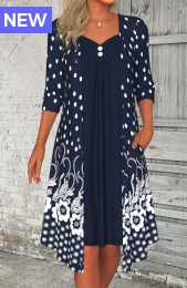 Navy Button Floral Print A Line 3/4 Sleeve Dress