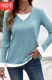 Light Blue Long Sleeve Fake Two Piece Twinset