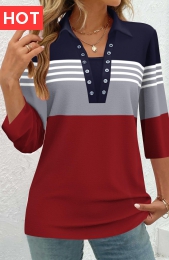 Navy Eyelet Striped 3/4 Sleeve Shirt Collar Blouse