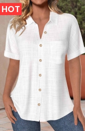 Button Up White Pocket Short Sleeve Shirt