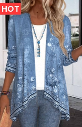 Denim Blue Patchwork Floral Print Long Sleeve Light Cardigan