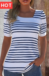 White Asymmetry Striped Short Sleeve Asymmetrical Neck T Shirt
