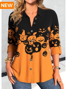 Orange Button Halloween Pumpkin Print Long Sleeve Blouse
