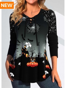 Black Patchwork Halloween Print Long Sleeve T Shirt
