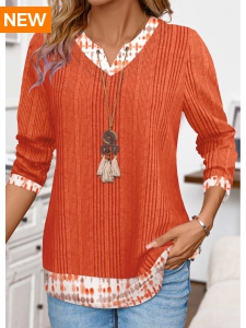 Orange Patchwork Tie Dye Print Long Sleeve T Shirt