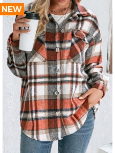Orange Pocket Plaid Long Sleeve Shirt Collar Blouse
