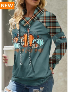 Turquoise Patchwork Plaid Long Sleeve Cowl Neck Sweatshirt