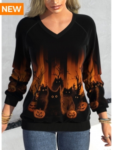 Black Patchwork Halloween Print Long Sleeve V Neck Sweatshirt