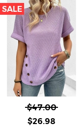 Light Purple Button Short Sleeve Round Neck T Shirt