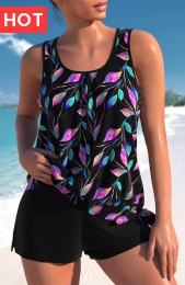 Asymmetry High Waisted Leaf Print Black Tankini Set