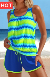 Patchwork Wave Pattern Print Neon Green Tankini Set