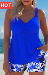 Drawstring Tropical Plants Print Royal Blue Tankini Set