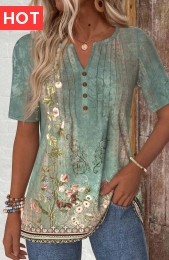 Sage Green Tuck Stitch Random Floral Print T Shirt