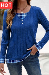 Blue Button Plaid Long Sleeve Fake Two Piece Twinset