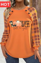 Halloween Orange Button Long Sleeve Round Neck Sweatshirt