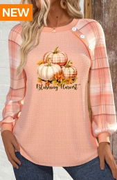 Halloween Dusty Pink Button Long Sleeve Round Neck Sweatshirt