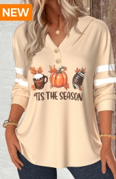 Halloween Light Camel Button Pumpkin Print Long Sleeve Hoodie