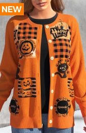 Orange Button Halloween Print Long Sleeve Coat