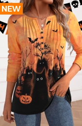 Halloween Neon Orange Button Christmas Print T Shirt
