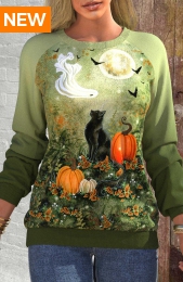 Halloween Olive Green Patchwork Long Sleeve Round Neck Sweatshirt