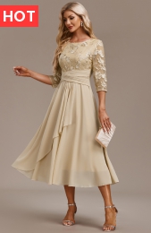 Champagne Embroidery 3/4 Sleeve Round Neck Dress