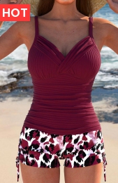 Ruched Leopard Wine Red Tankini Set