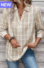 Light Coffee Button Plaid Long Sleeve Shirt Collar Blouse