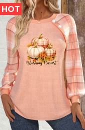 Halloween Dusty Pink Button Long Sleeve Round Neck Sweatshirt
