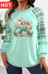 Halloween Mint Green Button Long Sleeve Round Neck Sweatshirt