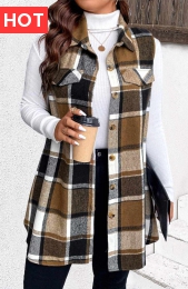 Dark Camel Patchwork Plaid Sleeveless Shirt Collar Waistcoat