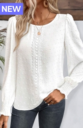 White Embroidery Long Sleeve Round Neck Blouse