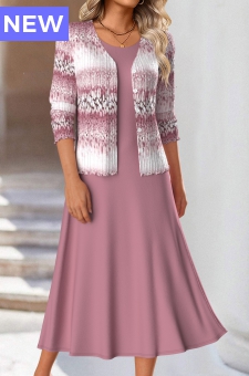 Pink Two Piece Ombre Long Sleeve Dress and Cardigan