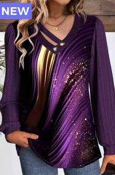 Purple Button Ombre Long Sleeve V Neck T Shirt