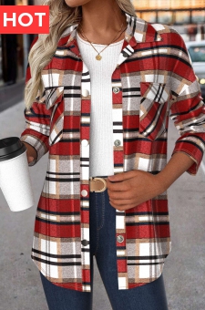 Red Patchwork Plaid Long Sleeve Turn Down Collar Coat
