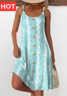 Mint Green Circular Ring Tropical Plants Print Strappy Dress