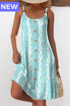 Mint Green Circular Ring Tropical Plants Print Strappy Dress