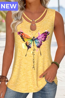 Yellow Circular Ring Butterfly Print Sleeveless Tank Top