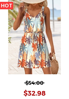 Multi Color Button Tropical Plants Print Short Strappy Dress
