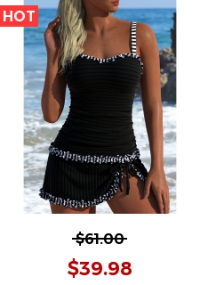Contrast Binding Striped Black Tankini Set