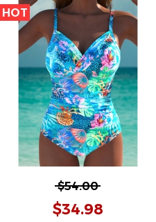 Cut Out Marine Life Print Cyan One Piece Swimwear