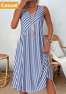 Blue Patchwork Striped A Line Sleeveless V Neck Dress