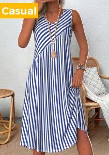 Blue Patchwork Striped A Line Sleeveless V Neck Dress