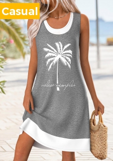 Grey Patchwork Tropical Plants Print Short A Line Dress